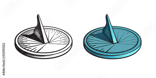 Sundial. Sun clock. Ancient appliance for time measurement. Black and white and color variants. Vector illustration.