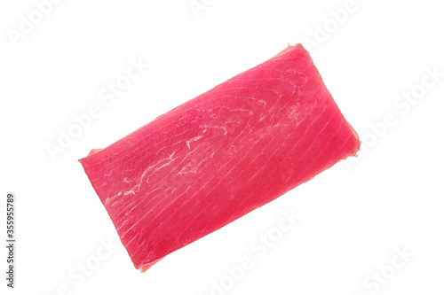 Top view of raw tuna fillet isolated on white background