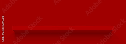 Red 3d shelf on the wall. Wooden horizontal realistic empty shelf