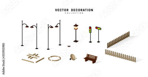 Set of isometric objects, street lamps on poles shine, traffic lights, fence and bench vector illustration