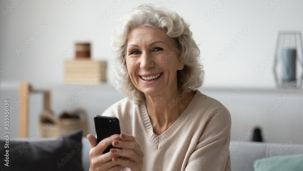 Portrait of smart mature 60s woman sit relax on couch at home using modern smartphone gadget, smiling elderly female browsing internet, texting or shopping online on cellphone, technology concept Portrait of smart mature 60s woman sit relax on couch at home using modern smartphone gadget, smiling elderly female browsing internet, texting or shopping online on cellphone, technology concept