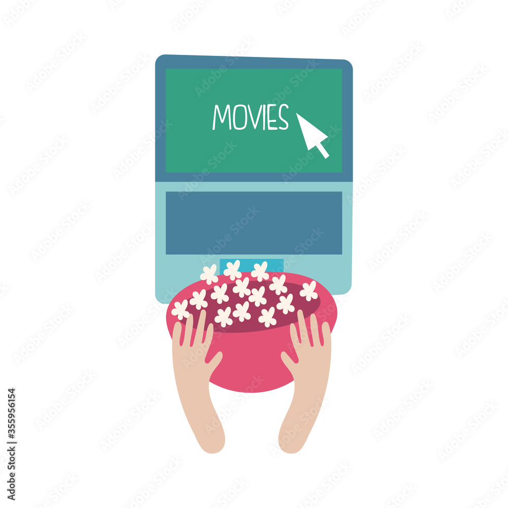 Obraz premium person eating pop corn laptop online with movies flat style