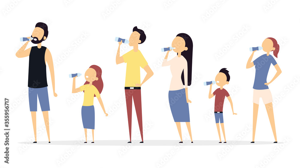 Fototapeta premium Set of people drinking water. Enjoying drinking water. Flat style. Vector illustration