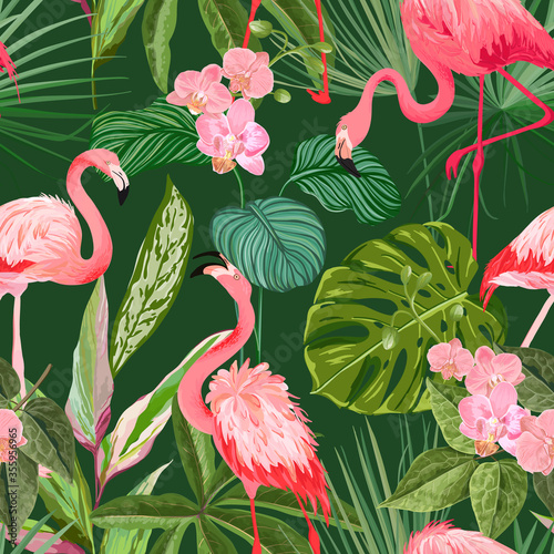 Tropical Background with Flamingo, Palm Leaves and Orchid Flowers. Seamless Floral Print with Exotic Blossoms