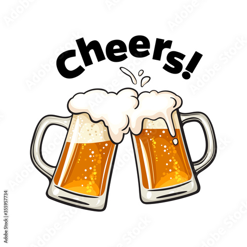 Cheers text. Two toasting beer mugs. Clinking glass tankards full of beer and splashed foam. Design elements for beer prodaction