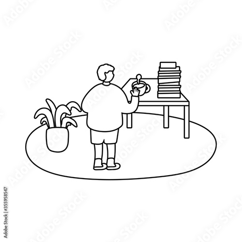 eldery man drinking coffee in home activity line style
