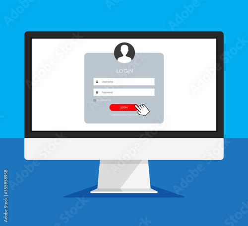 Registration form and login form page on a monitor display. Vector template for your design. Website ui concept. Computer mockup.	