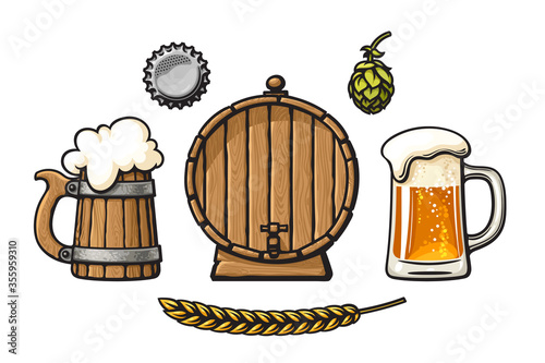 Vintage set of beer objects. Barrel, glass mug of beer with foam and bubbles, bottle cap, hop cone, barley or wheat ear