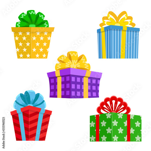 Cartoon gift box. Christmas presents, gifting boxes and xmas present winter holidays or birthday party gifts sign. Secret boxing with surprises, greeting giftbox decor vector isolated icon set