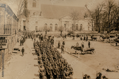 Latvia - CIRCA 1930s: Latvian National Armed Forces parade in Aluksne regarding Convocation of the Constituent Assembly of the Republic of Latvia
