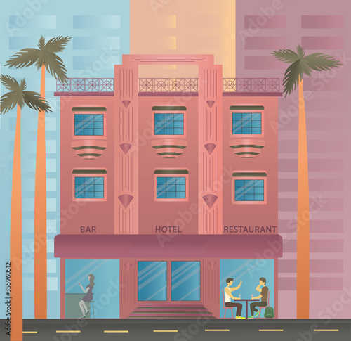 Miami beach house, hotel on Ocean Drive in Florida, USA. Handmade drawing vector stock illustration hotel, palms, two drinking guys, woman with glass of wine. Art deco style. EPS10