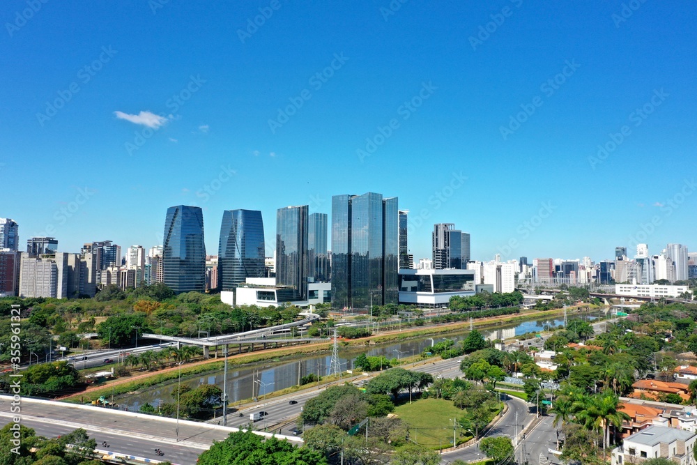 Panoramic view of city life scene in the sunny day. Cityscape scenery. Great landscape