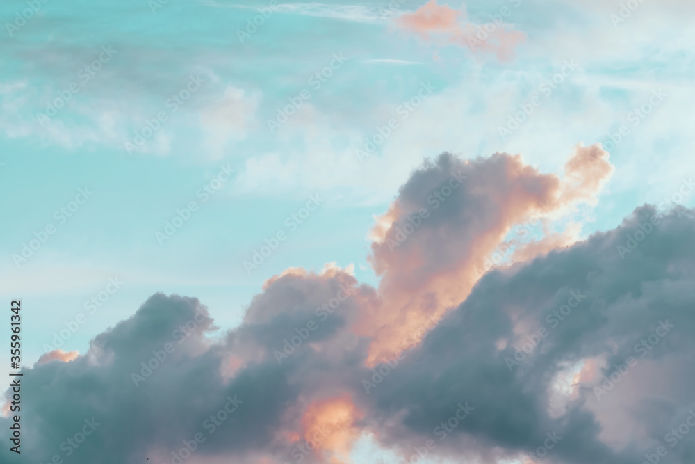 Gentle clear sky with light soft clouds. Watercolor wallpaper, pastel colors. Airiness and calm of heaven