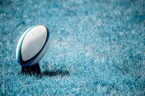 White Rugby ball over the grass in the stadium. Team sport concept