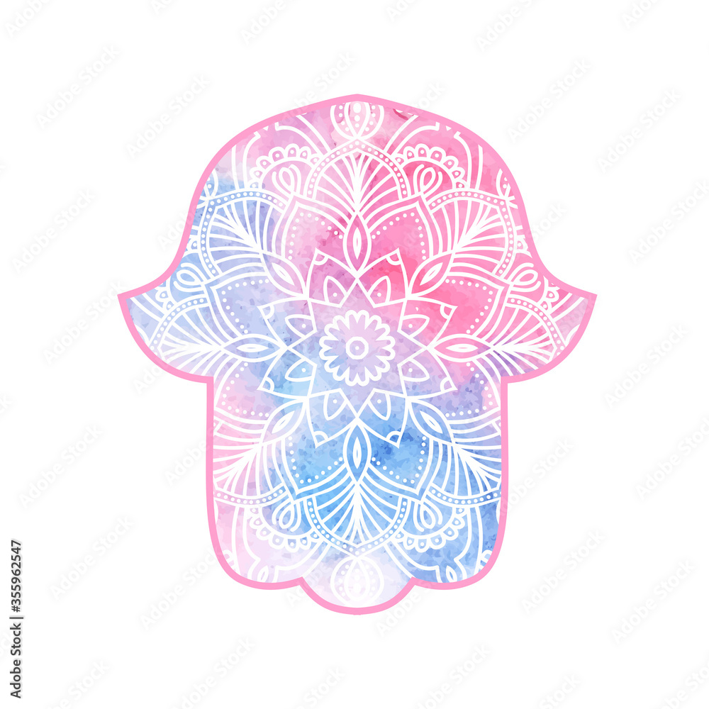 Color vector hamsa hand drawn symbol. Watercolor pattern in oriental style. Hand of Fatima - amulet, symbol of protection from devil eye