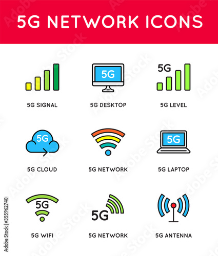 Simple line stroke vector icon set,new 5th generation mobile network 5G, high speed connection wireless systems.