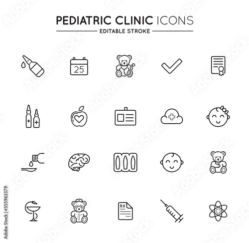 Outline icons set. Pediatric hospital clinic and medical care. Editable stroke. Vector.