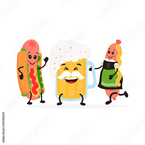 Cute kawaii Glass of beer and a sausage and Hot Dog. Friends forever. Vector cartoon illustration for postcard, banner, flyer, stickers, advertising