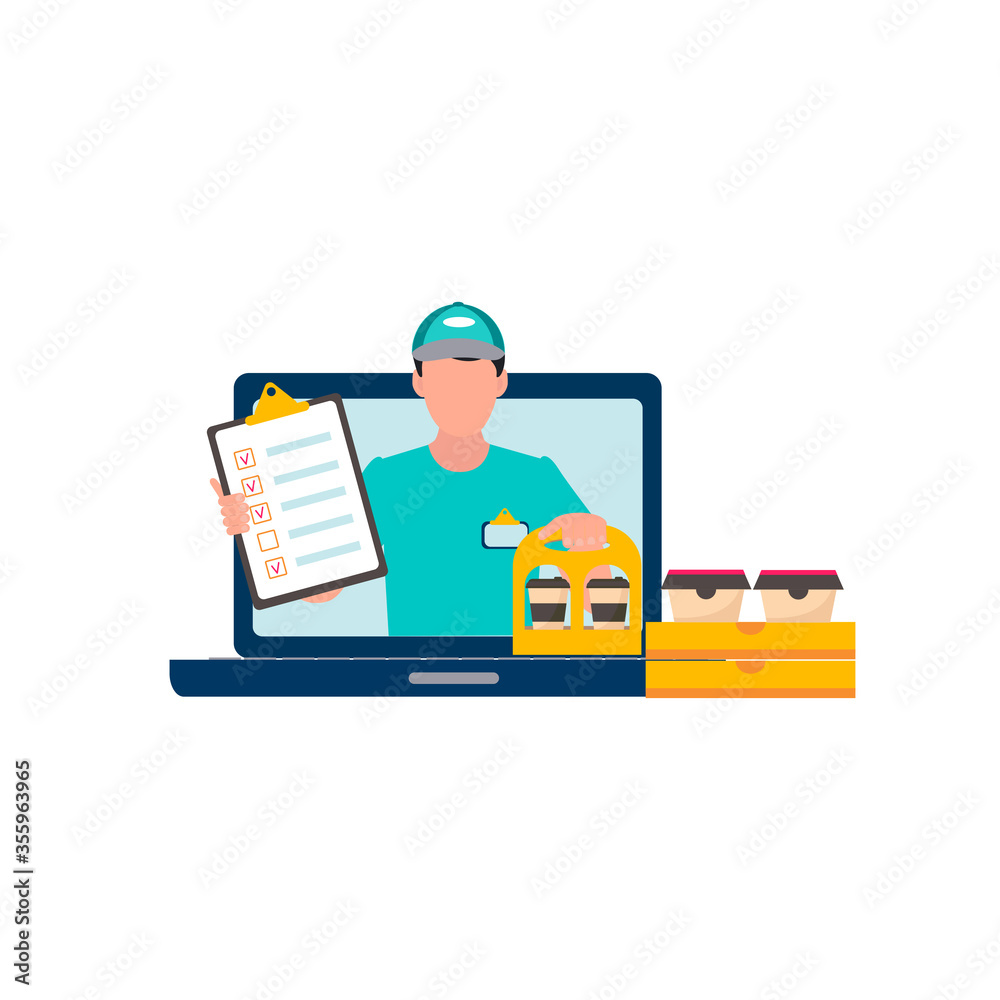 Concept online meal ordering during quarantine.  Contactless Delivery of food from courier to customer.  Vector Illustration for banner, web page, flayer, advertising
