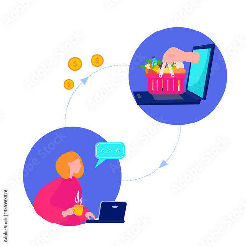 Online food order concept. Contactless Delivery of food from courier to customer.  Vector Illustration of Hands with basket of Products Appearing for banner, web page, flayer, advertising