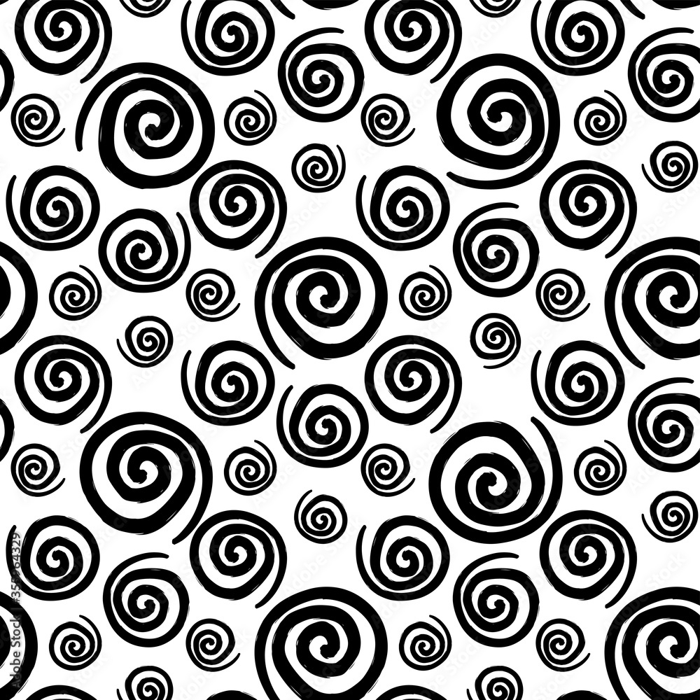 Black spiral circles isolated on white background. Monochrome seamless pattern. Hand drawn vector graphic illustration. Texture.