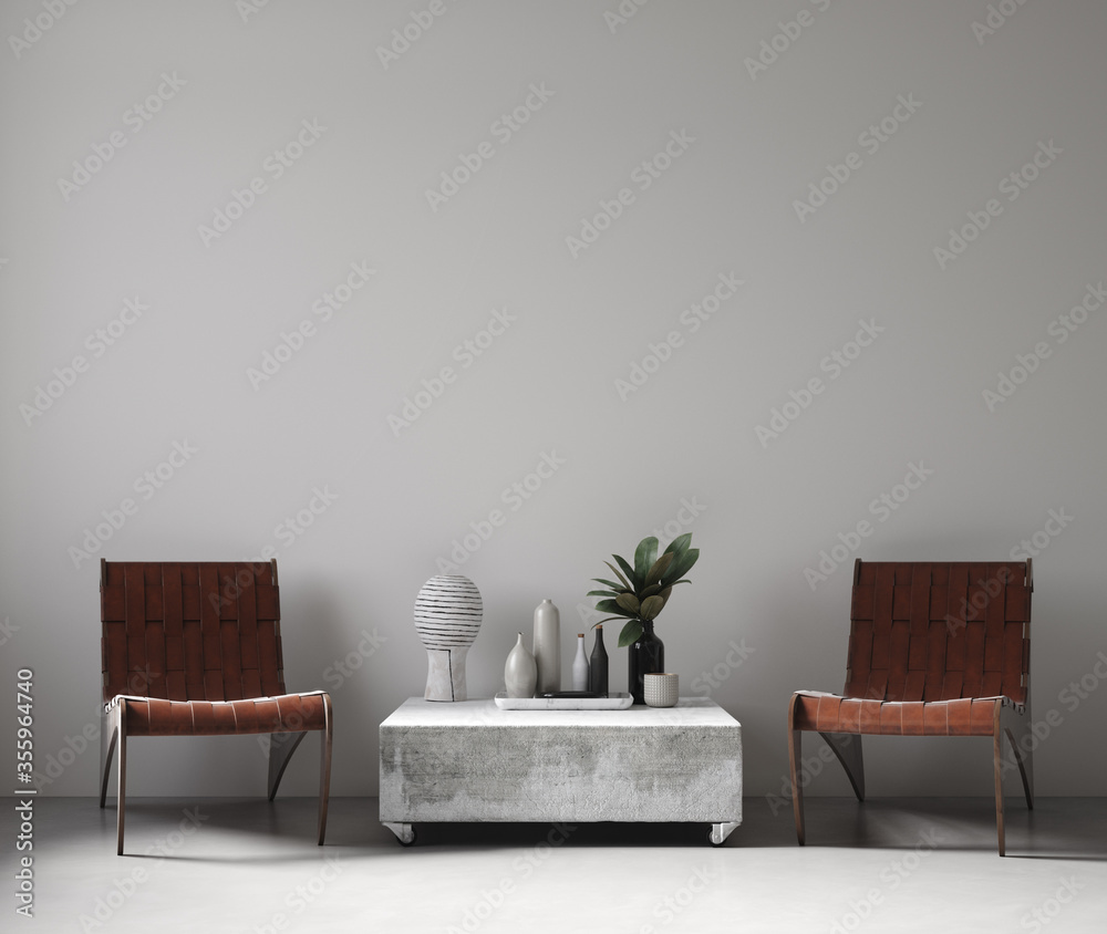 Modern nomadic style living room interior background, wall mockup, 3d render - obrazy, fototapety, plakaty 