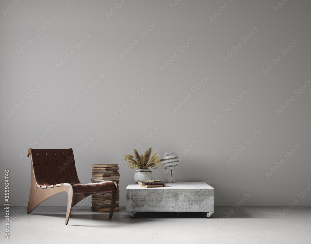 Modern nomadic style living room interior background, wall mockup, 3d render - obrazy, fototapety, plakaty 