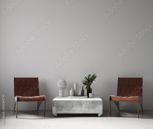 Modern nomadic style living room interior background, wall mockup, 3d render photo