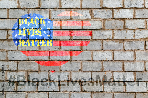 Black Lives Matter hashtag slogan anti Black racism African-American people stencil heart on American flag United States