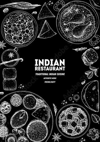 Indian food illustration. Hand drawn sketch. Vector illustration. Menu background.