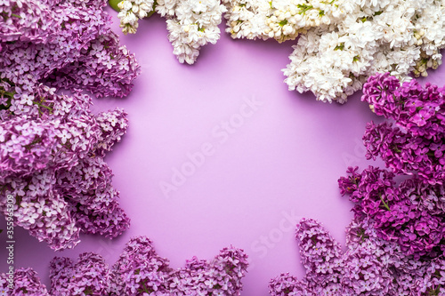 White and purple lilac flowers background. Photo frame, top view