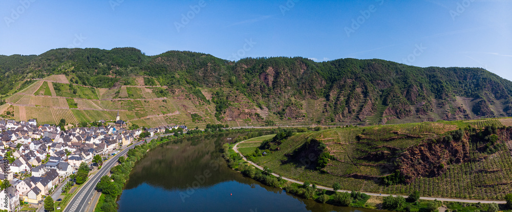Obraz premium With the bike on the cycle path through the countryside along the river Moselle in Rhineland-Palatinate from Trier to Koblenz in summer