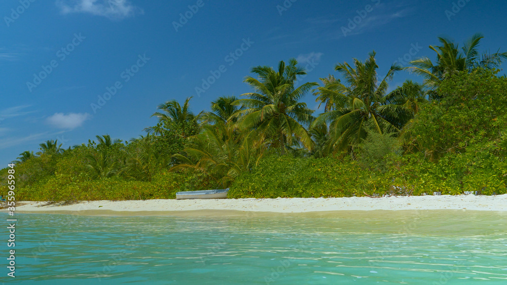 Palm trees rustling in the wind as turquoise ocean washes the sandy shore.