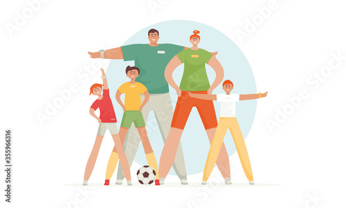 Big sport family. Dad, mother, son and daughter lead a healthy lifestyle and are engaged in fitness and sports. Vector illustration in a flat style