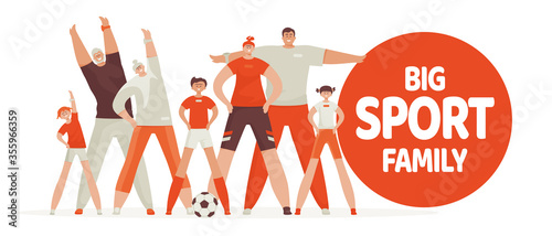 Big sport family. Dad, mother, son and daughter lead a healthy lifestyle and are engaged in fitness and sports. Vector illustration in a flat style