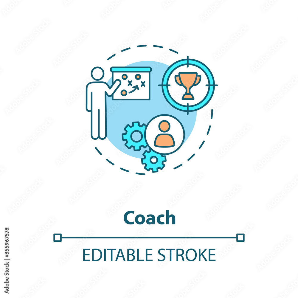 Coach concept icon. Professional mentor, education specialist idea thin line illustration. Teacher for professional and personal growth. Vector isolated outline RGB color drawing. Editable stroke