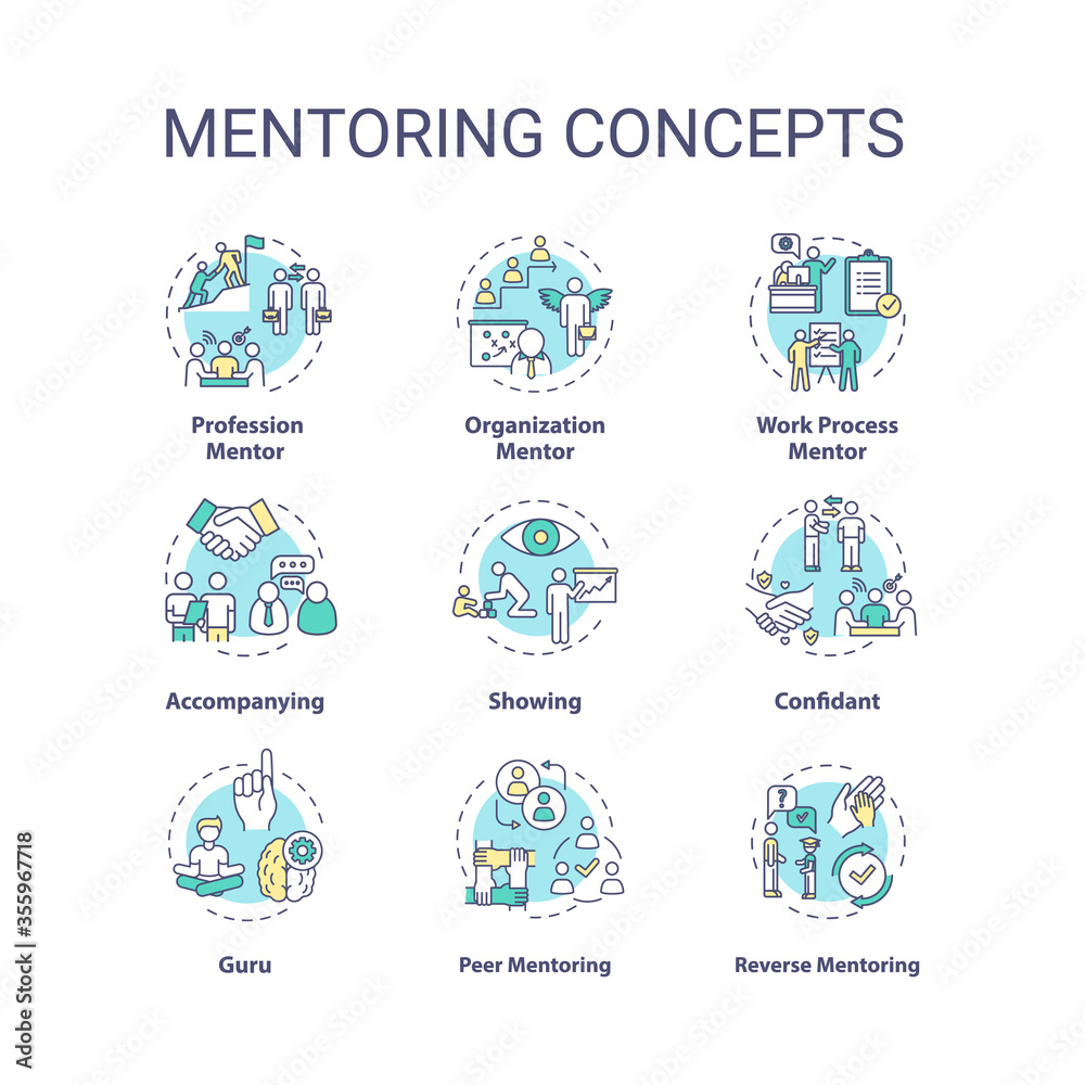 Mentoring concept icons set. Personal and professional growth idea thin line RGB color illustrations. Skills development help, knowledge sharing. Vector isolated outline drawings. Editable stroke