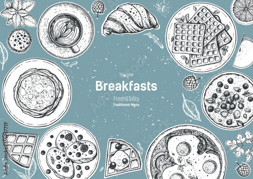 Breakfast top view frame. Morning food menu design. Breakfast dishes collection. Vintage hand drawn sketch, vector illustration. Engraved style.