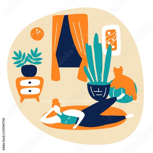 Sport exercise and physical activity at home. Young woman training, getting fit at home. Stay physically active during self-quarantine. Hand drawn flat vector illustration