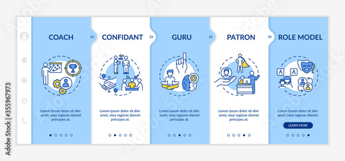 Role model types onboarding vector template. Confidant to work in team. Coach for personal mentoring. Responsive mobile website with icons. Webpage walkthrough step screens. RGB color concept