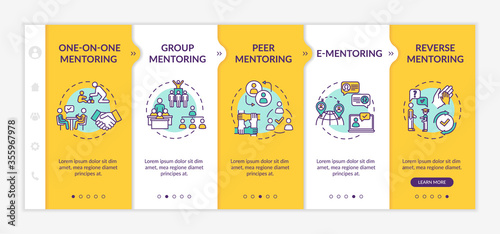 Mentorship types onboarding vector template. Education system. Learning in group. One on one mentoring. Responsive mobile website with icons. Webpage walkthrough step screens. RGB color concept