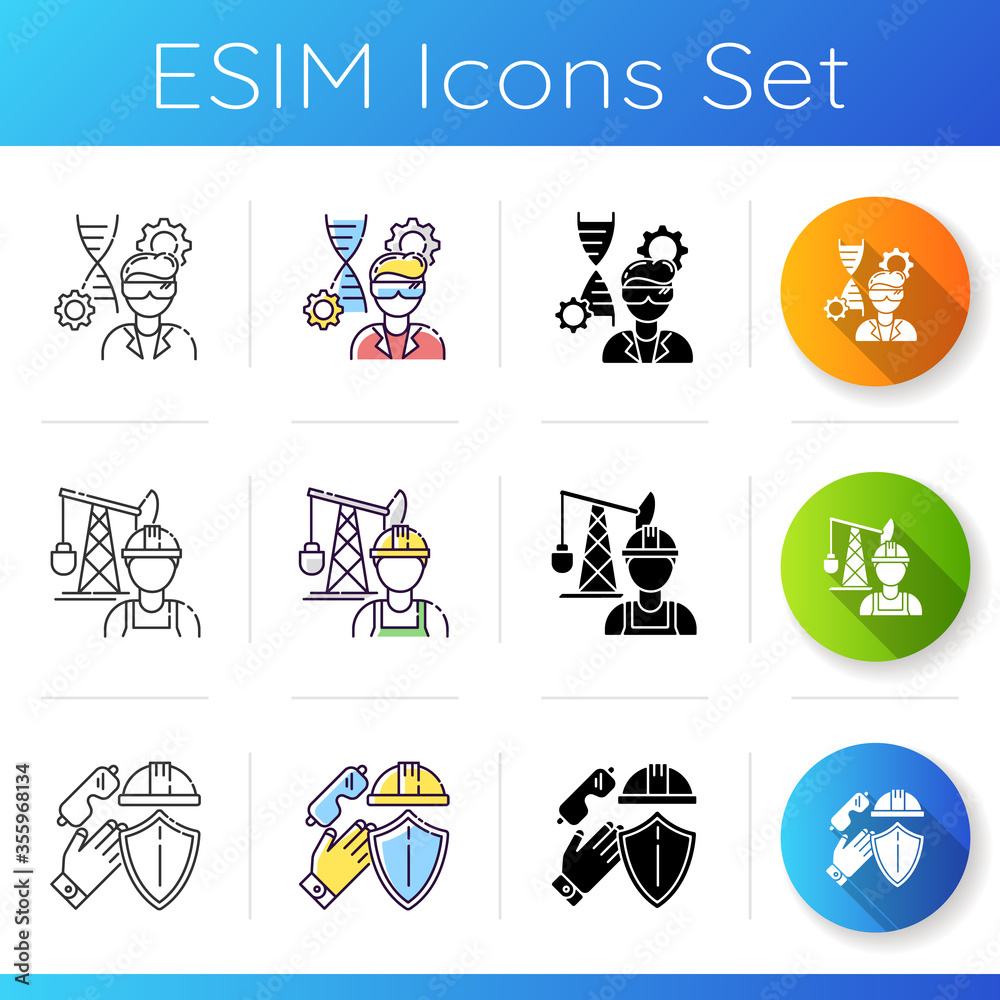 Professional engineering work icons set. Safety labor uniform. Biomedical manufacturing professional. Petroleum extraction site. Linear, black and RGB color styles. Isolated vector illustrations