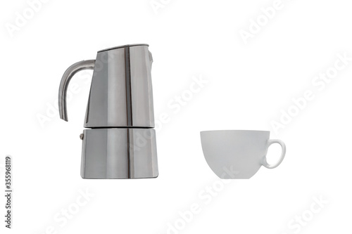 metal coffee pot with white cup isolated on white background