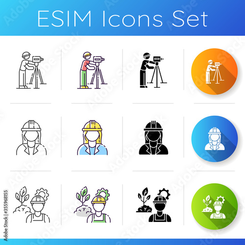Engineer job icons set. Land surveyor. Female professional architect. Environmental engineer. Manufacturing specialist. Linear, black and RGB color styles. Isolated vector illustrations