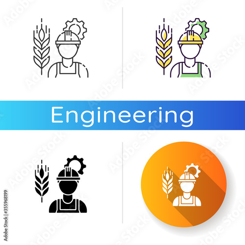 Agricultural engineer icon. Manufacturing worker to work in agribusiness. Gemitation job professional. Farmer worker. Linear black and RGB color styles. Isolated vector illustrations