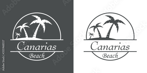 Símbolo destino de vacaciones. Icono plano texto Canarias Beach en círculo con playa y palmeras en fondo gris y fondo blanco