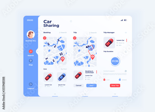 Ride sharing tablet interface vector template. Mobile app page day mode design layout. Carpooling screen. Flat UI for application. Auto for rent. Car sharing. Portable device display © bsd studio