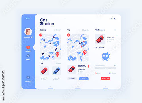 Ride sharing tablet interface vector template. Mobile app page day mode design layout. Carpooling screen. Flat UI for application. Auto for rent. Car sharing. Portable device display