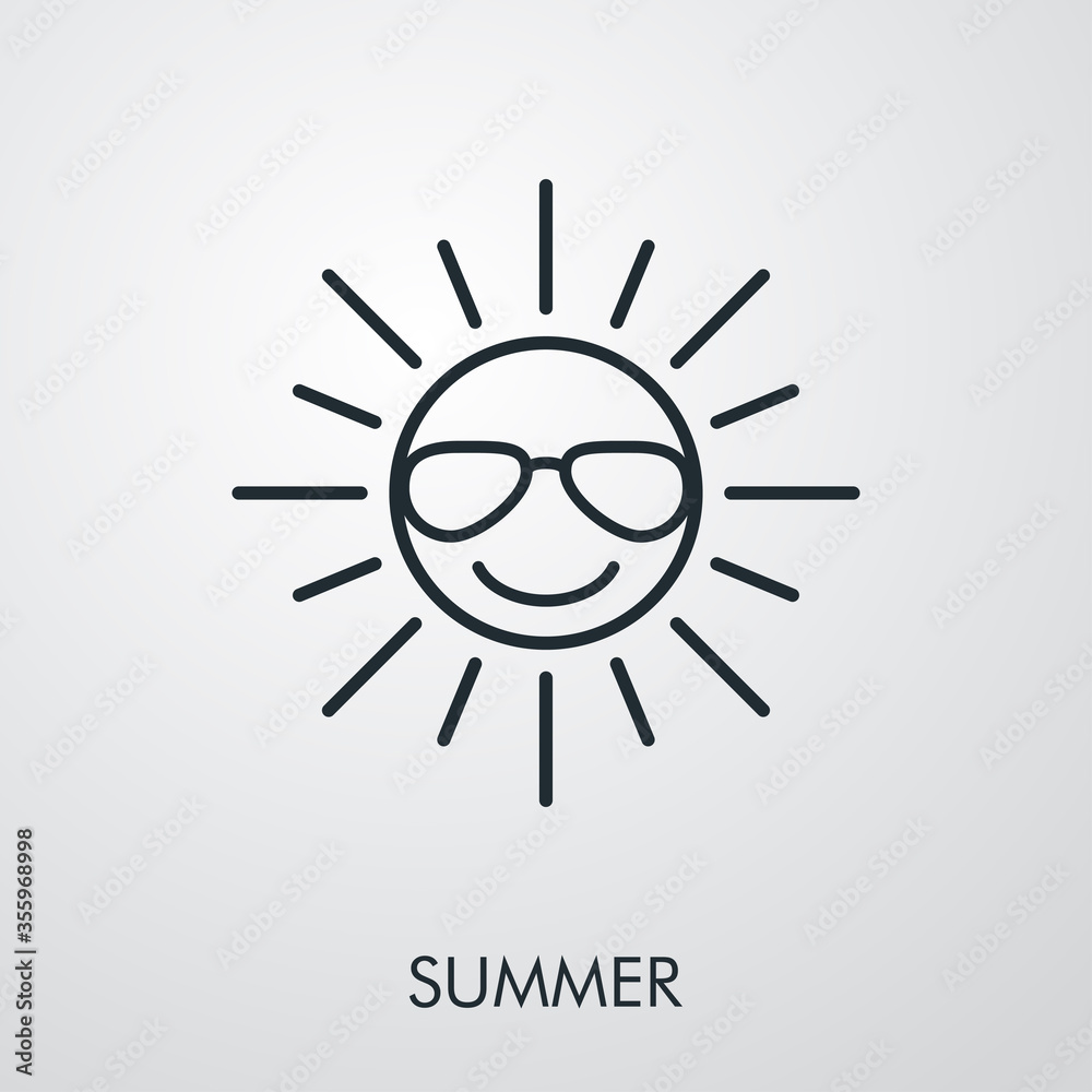 Concepto de vacaciones y viajes. Icono plano lineal sol alegre con gafas de sol y palabra SUMMER en fondo gris Concepto de vacaciones y viajes. Icono plano lineal sol alegre con gafas de sol y palabra SUMMER en fondo gris