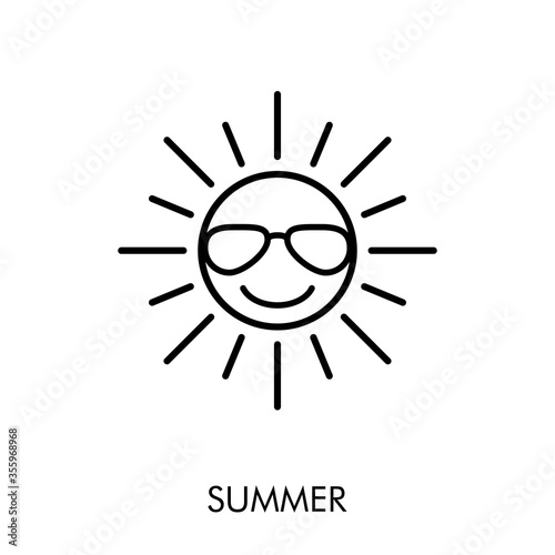 Concepto de vacaciones y viajes. Icono plano lineal sol alegre con gafas de sol y palabra SUMMER en color negro